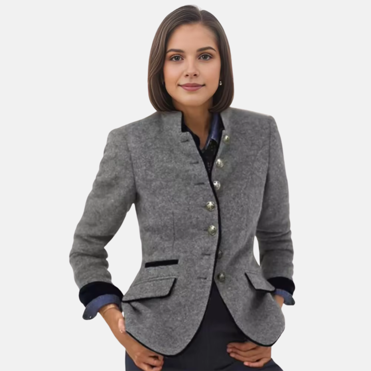 Fitted Collarless Blazer for women - Button Front Welt Pockets - Long Sleeve Trim Detail - Image 2