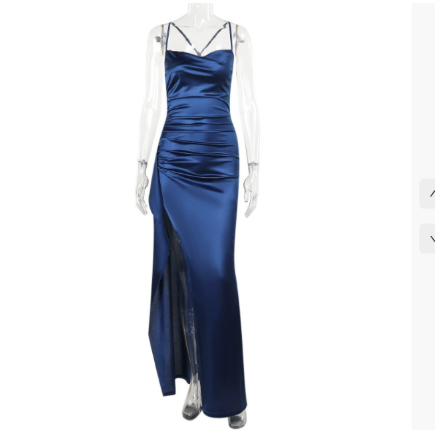 Spaghetti Strap Maxi Dress for women - High Slit Cowl Neck - Fitted Ruched Draped - Image 3