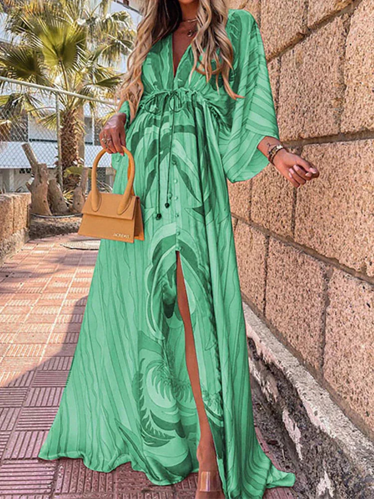 Boho Maxi Dress for women - Split Thigh V-Neck Long Sleeve - Drawstring Waist Button Front - Image 6