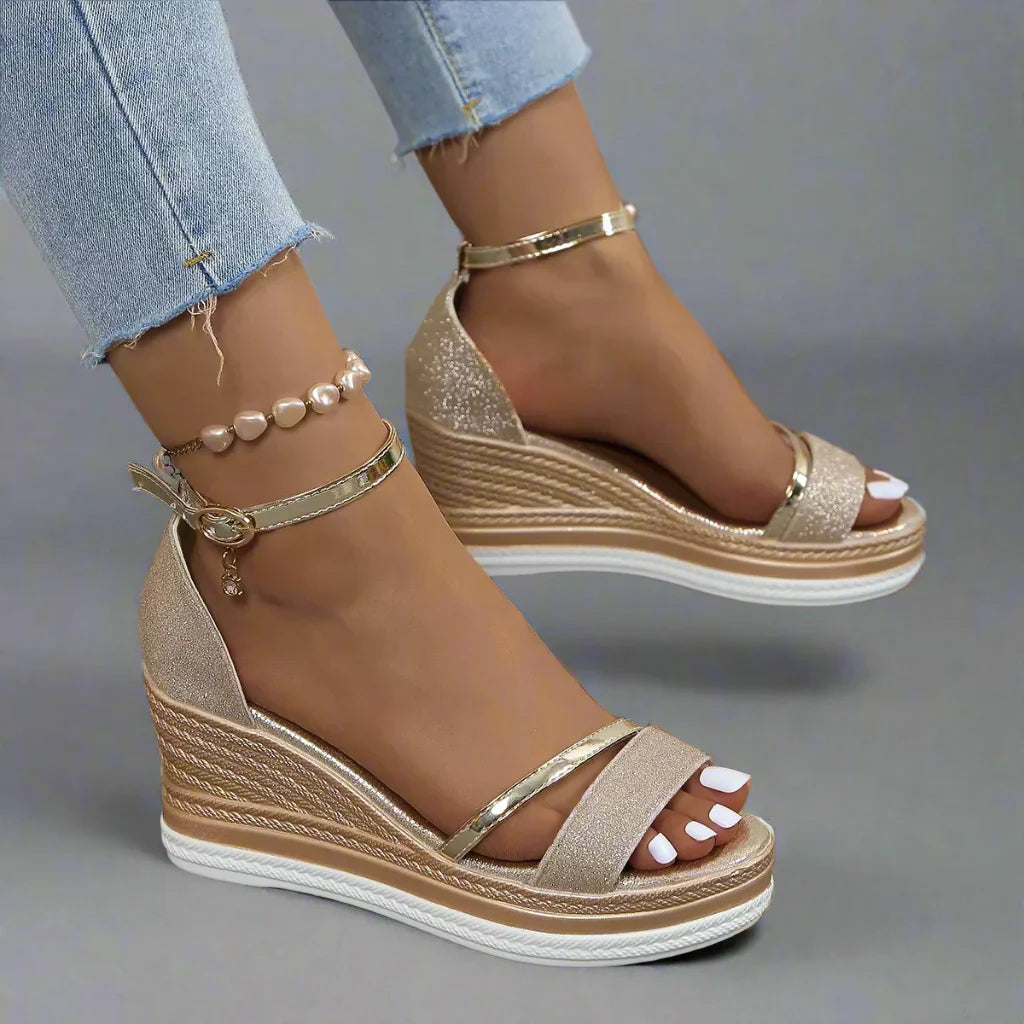 Glitter Wedge Sandals for Women - Ankle Strap Platform - Image 4