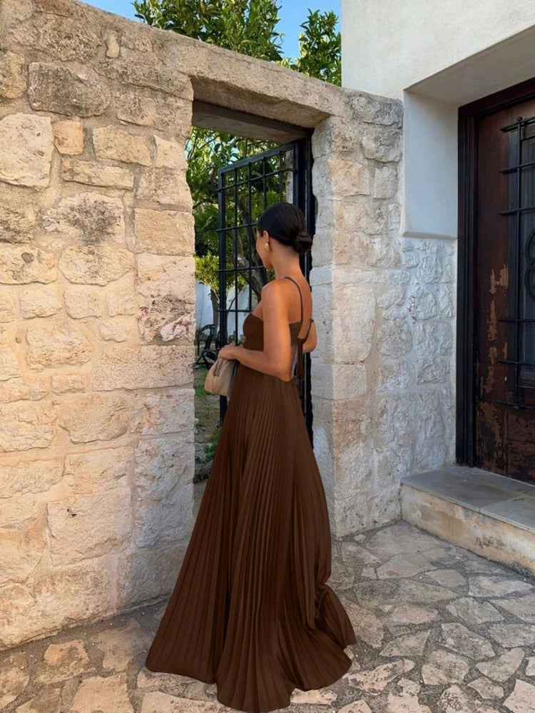 Pleated A-Line Maxi Dress for Women - Halter Strappy - Image 6