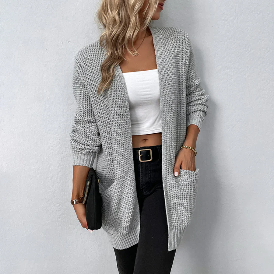 Knit Open Front Cardigan for Women - Patch Pockets - Image 3