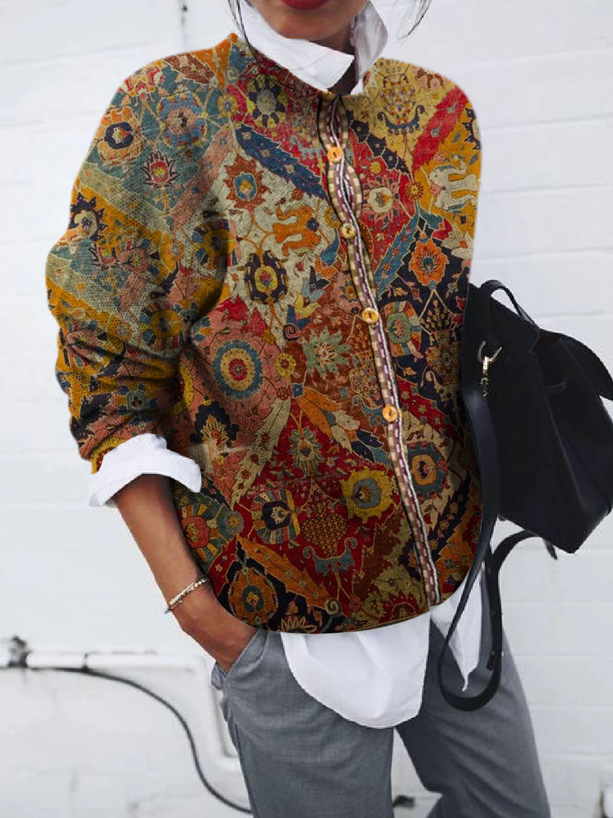 Print Button-Front Sweater for Women - Trim Detail - Image 1
