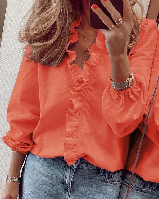 Ruffle V-Neck Blouse for women - Long Sleeve Balloon Sleeve - Button Front Relaxed Fit - Image 5