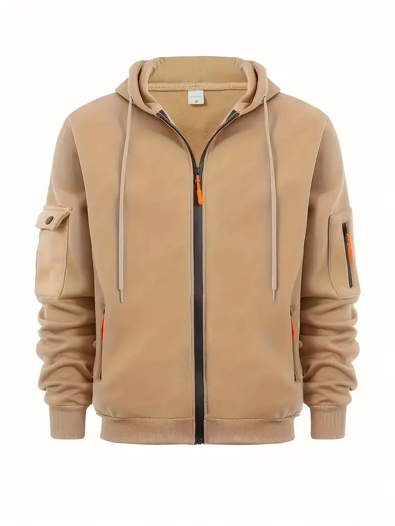 Full Zip Cargo Hoodie for Men - Drawstring Hood - Image 5