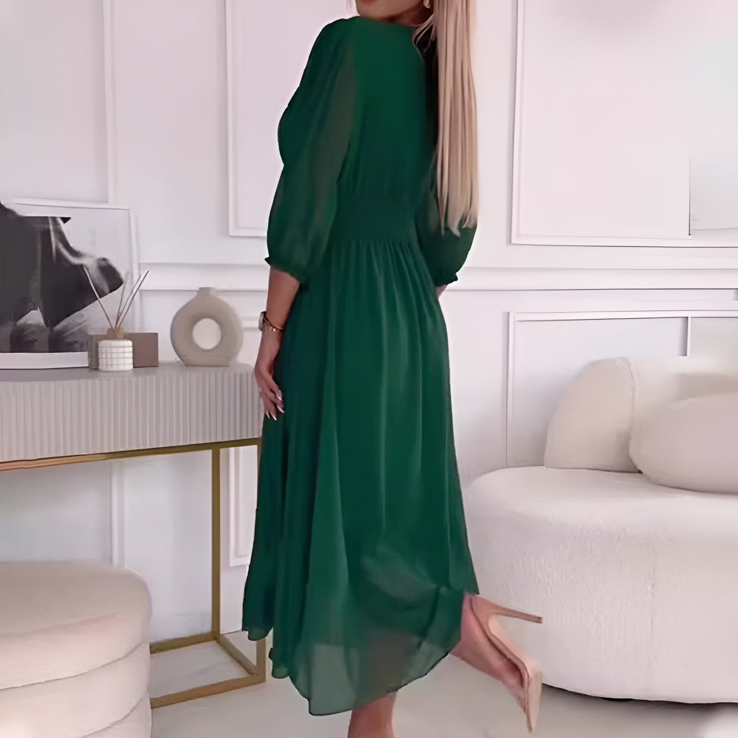 A-Line Wrap Midi Dress for women - 3/4 Sleeve V-Neck - Ruched Bodice Empire Waist - Image 5