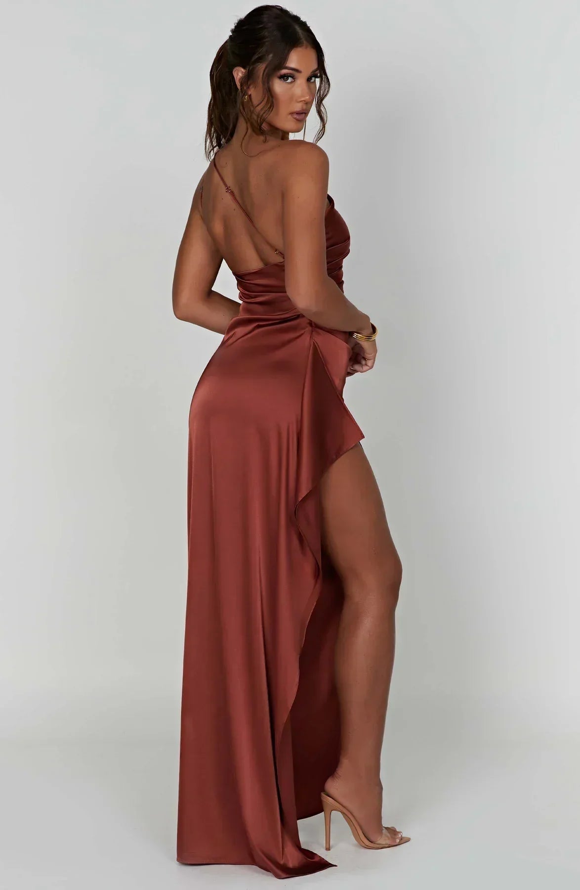 Image of Women's One Shoulder Slit Evening Maxi Dress