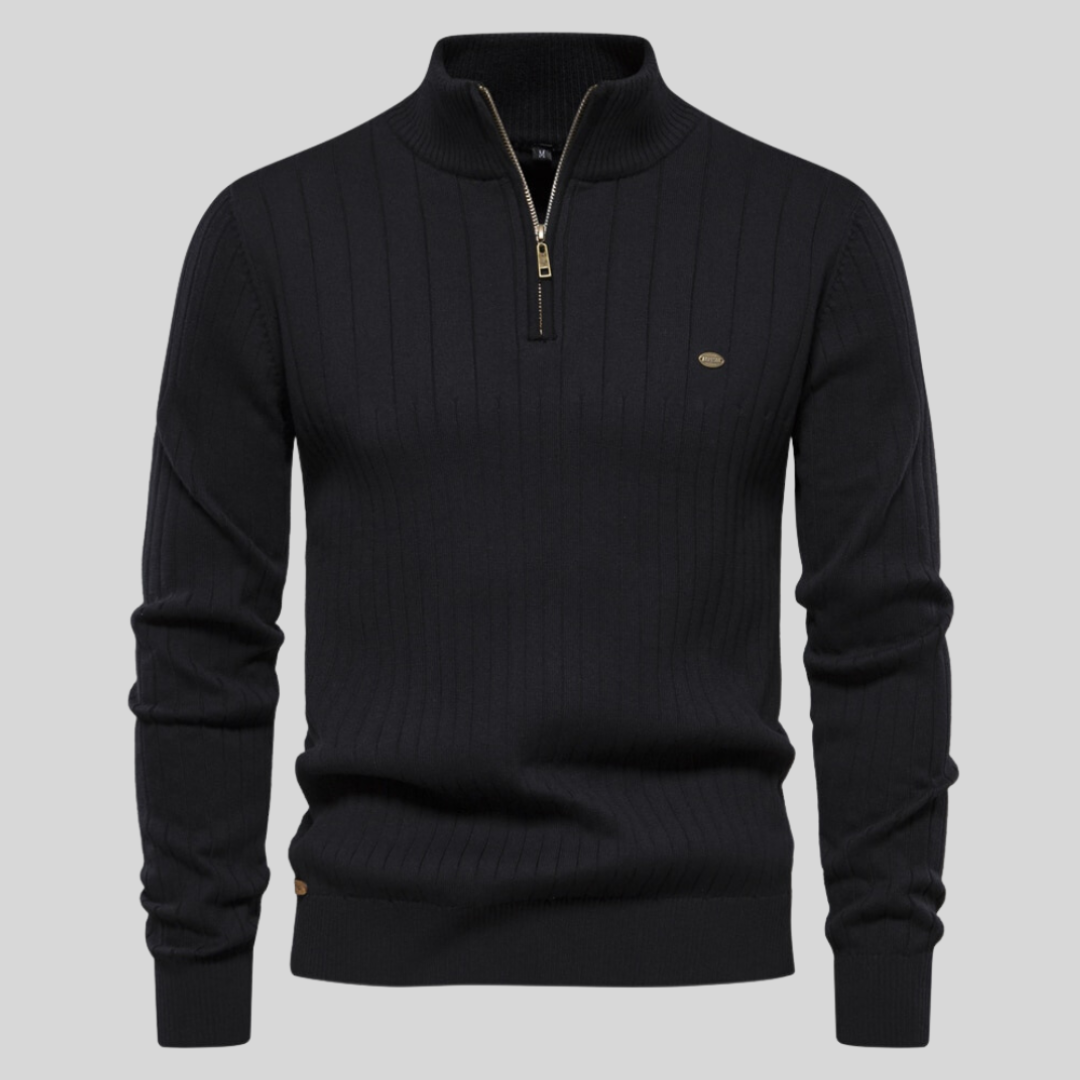 Ribbed Knit Quarter Zip Sweater for Men - Long Sleeve - Image 1