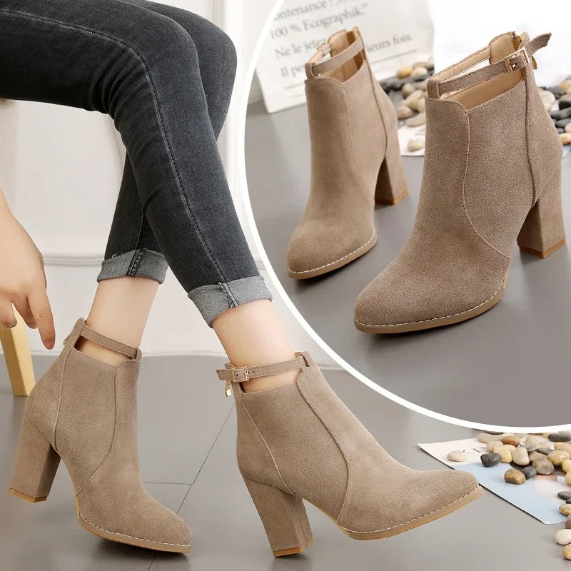 Pointed Toe Ankle Boots for Women - Buckle Strap - Image 1