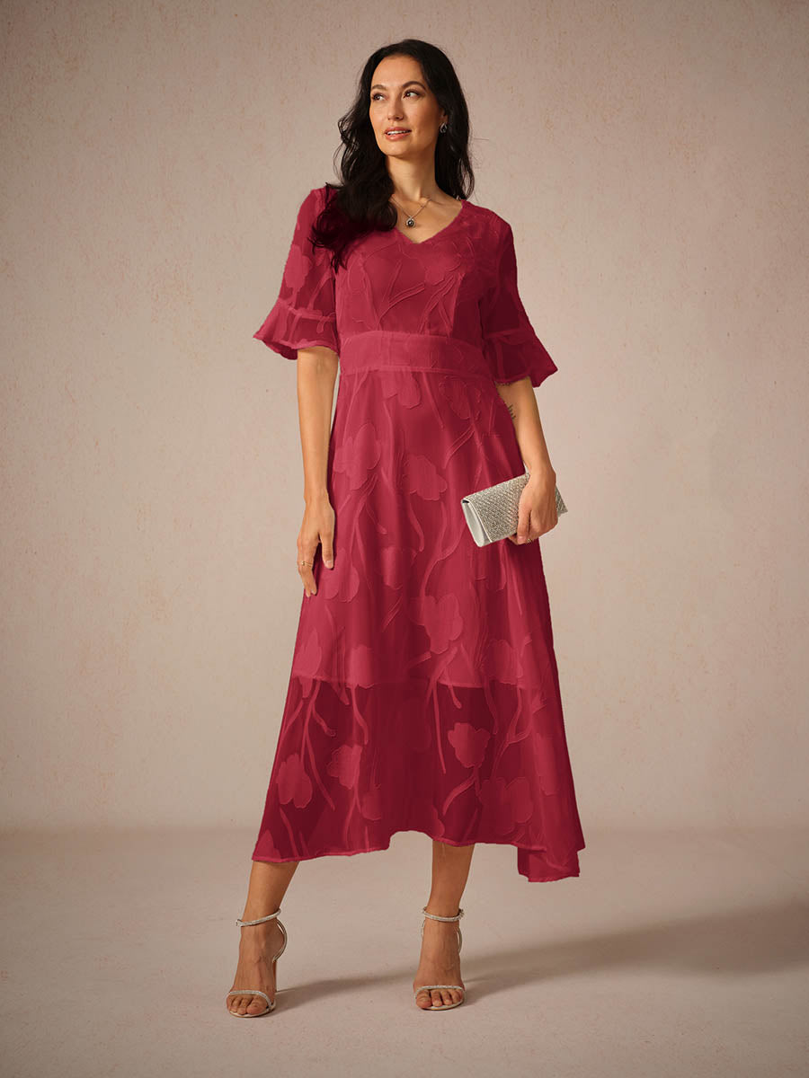 Floral A-Line Midi Dress for women - V-Neck Ruffle Sleeve - Smocked Waist - Sheer - Image 7