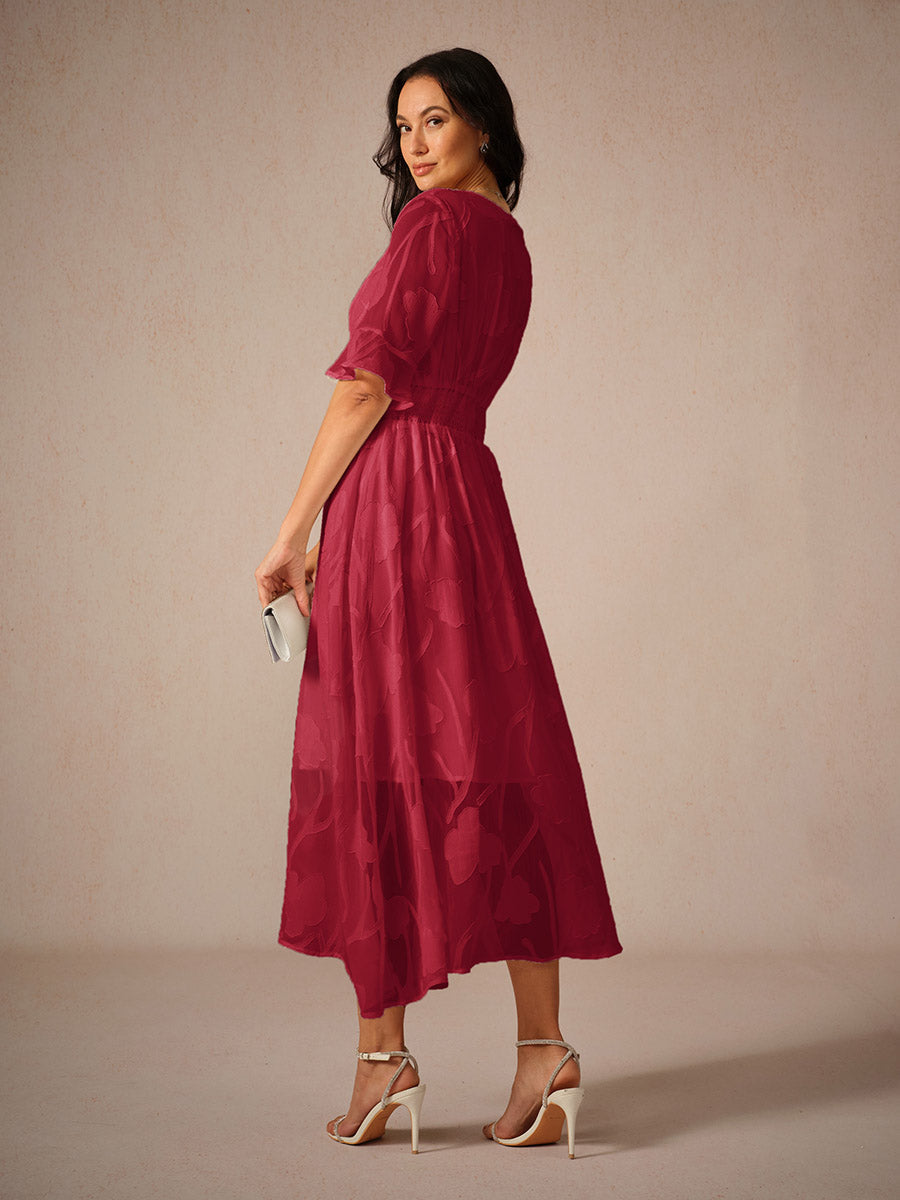 Floral A-Line Midi Dress for women - V-Neck Ruffle Sleeve - Smocked Waist - Sheer - Image 6