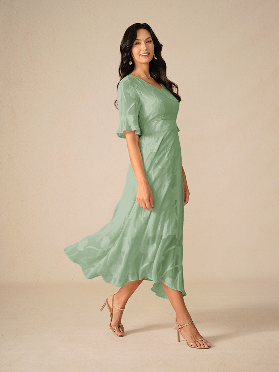 Floral A-Line Midi Dress for women - V-Neck Ruffle Sleeve - Smocked Waist - Sheer - Image 10