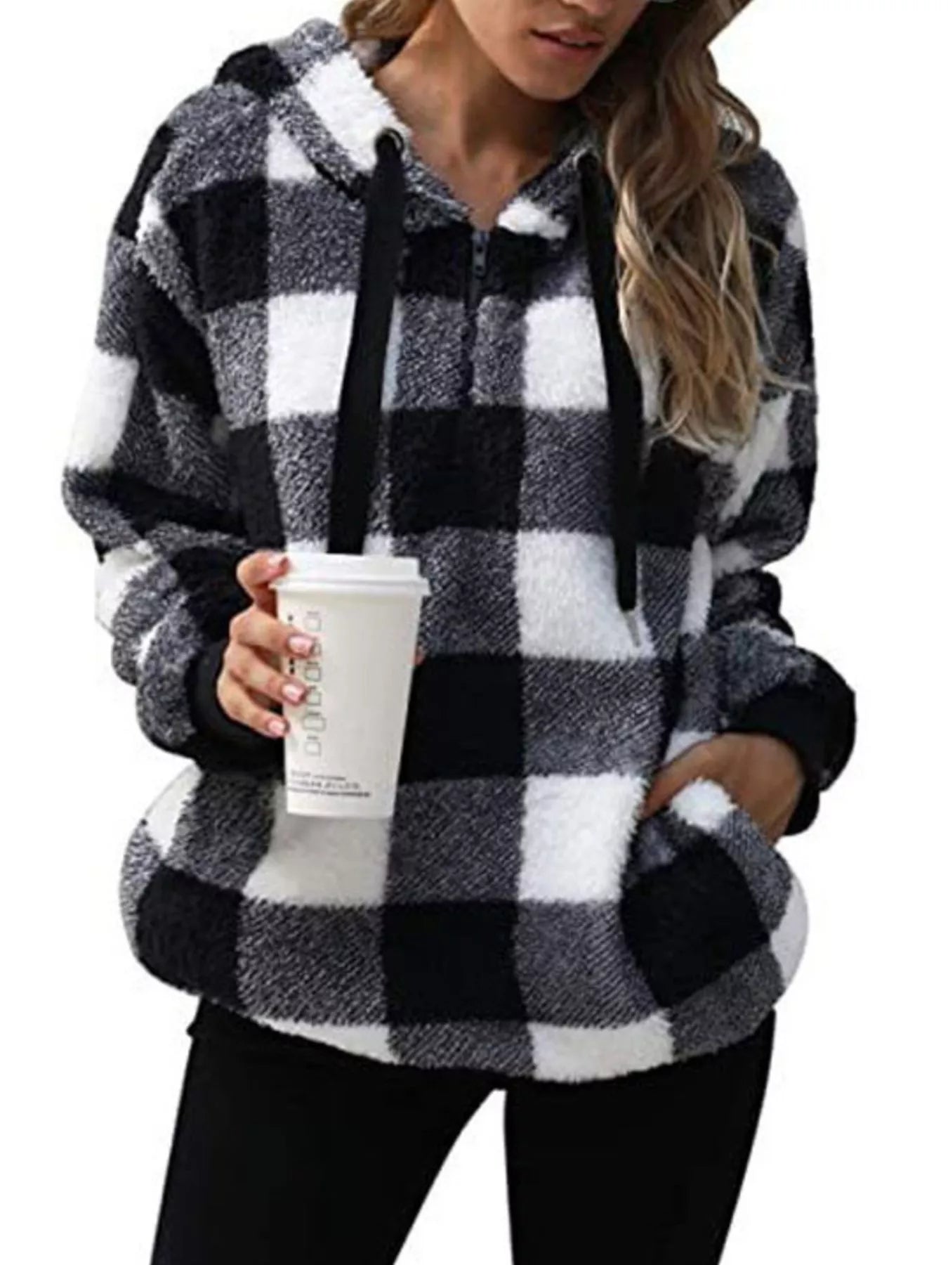 Plaid Hooded Pullover for Women - Half-Zip - Image 7