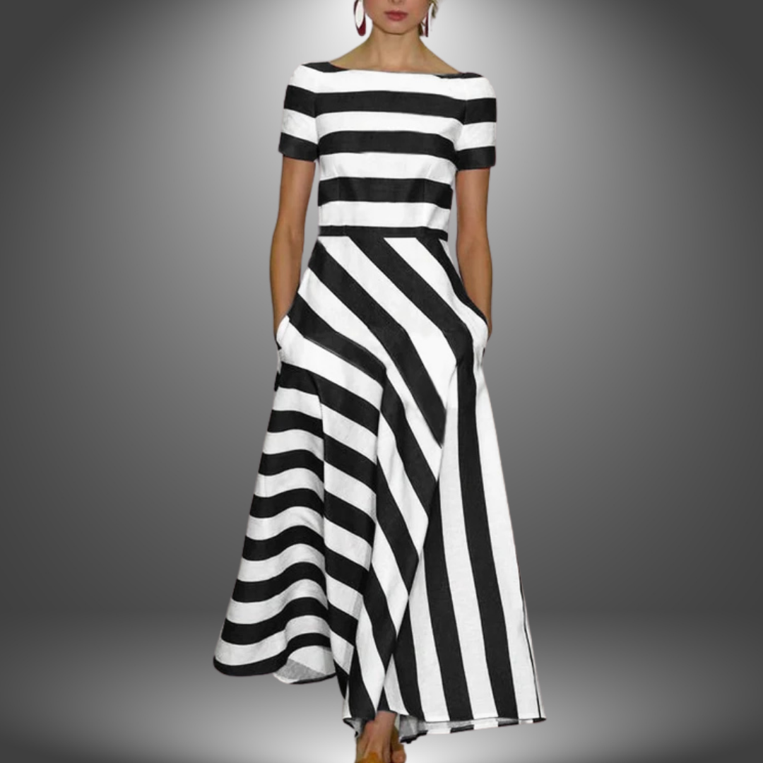 Striped A-Line Midi Dress for Women - Boat Neck Pockets - Image 2