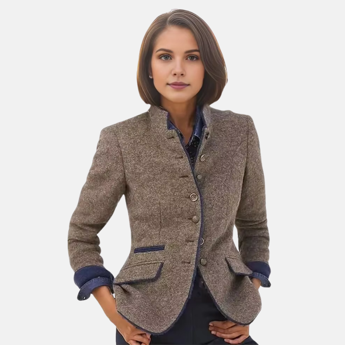 Fitted Collarless Blazer for women - Button Front Welt Pockets - Long Sleeve Trim Detail - Image 1