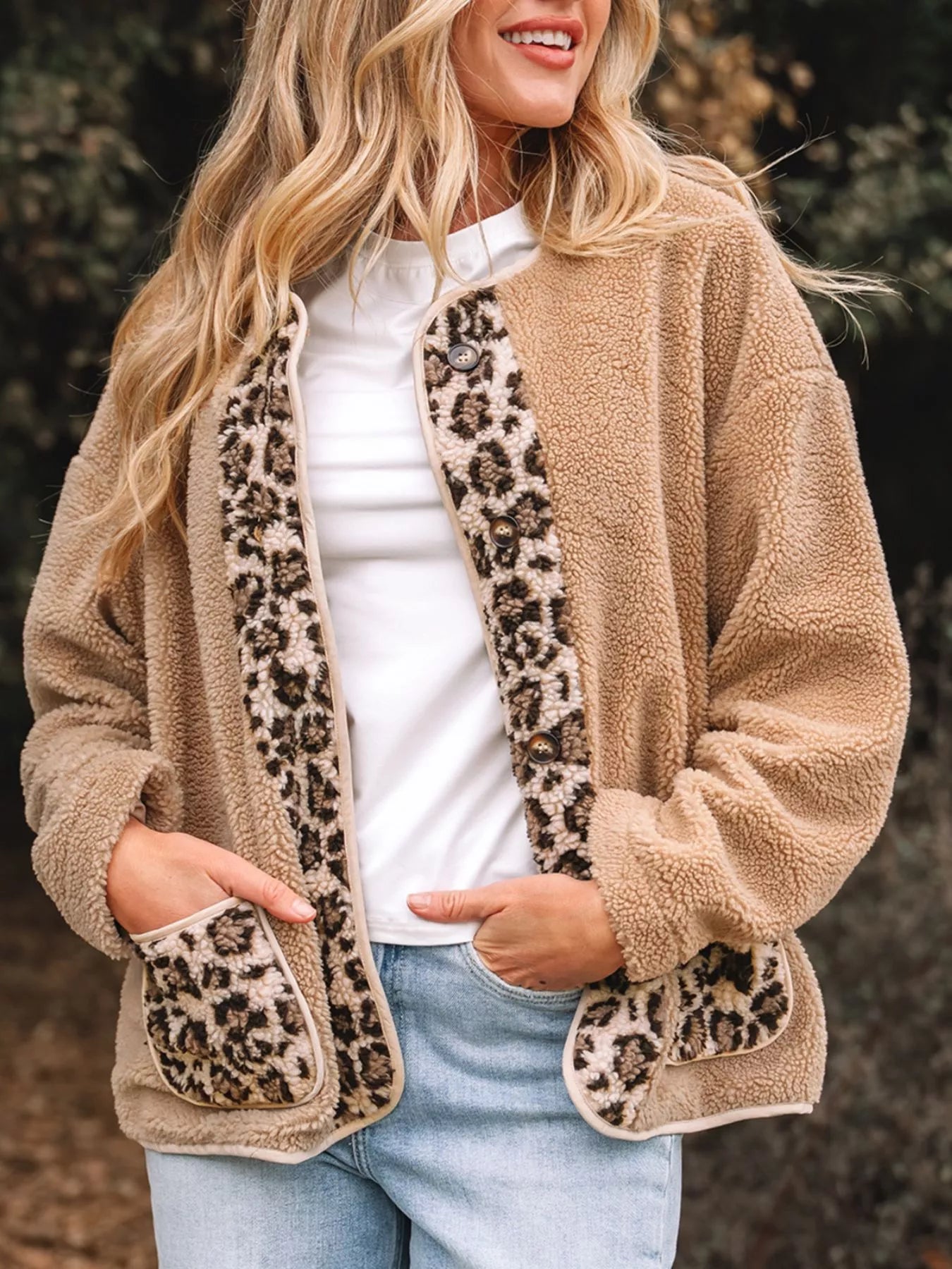 Sherpa Jacket for Women - Leopard Print Trim - Image 1