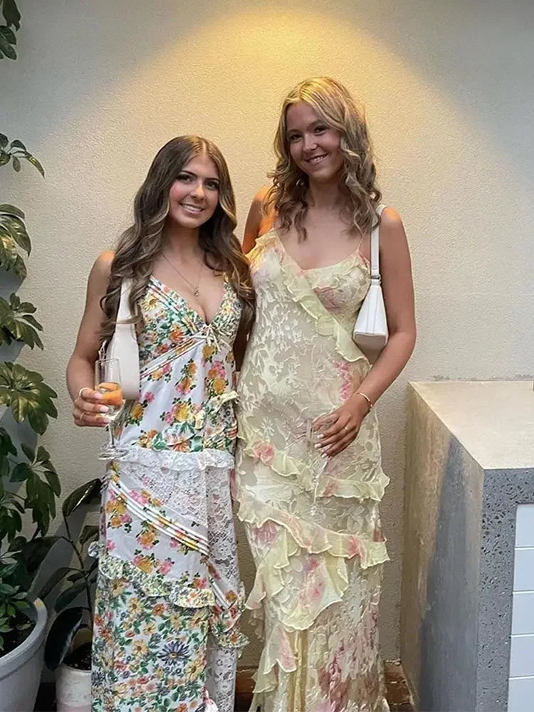 Floral Ruffle Maxi Dress for women - Spaghetti Strap V-Neck - Tiered Beach Bodycon - Image 5