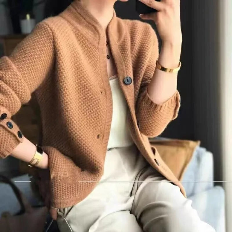 Textured Knit Button-Front Jacket for Women - Patch Pockets - Image 2