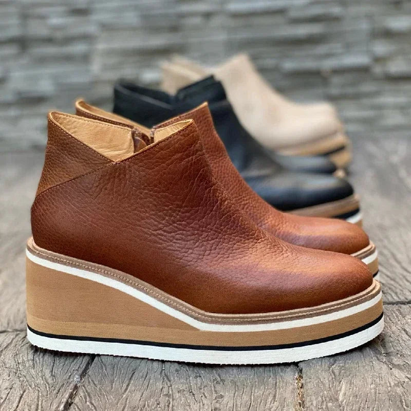 Leather Wedge Booties for Women - Side Zipper - Image 3