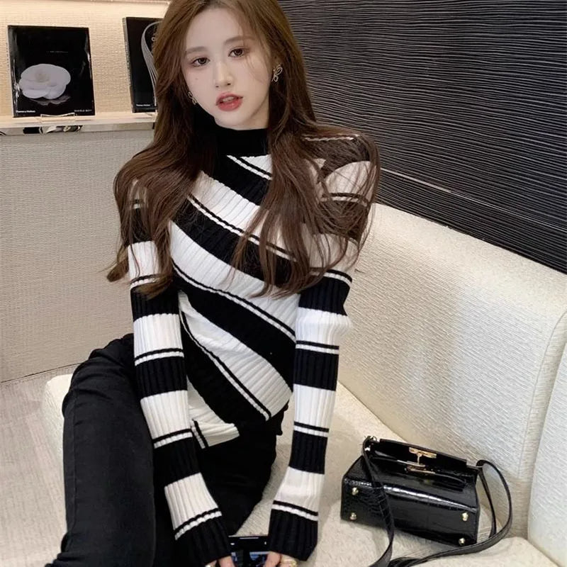 Striped Sweater for Women - Asymmetrical Hem - Image 3