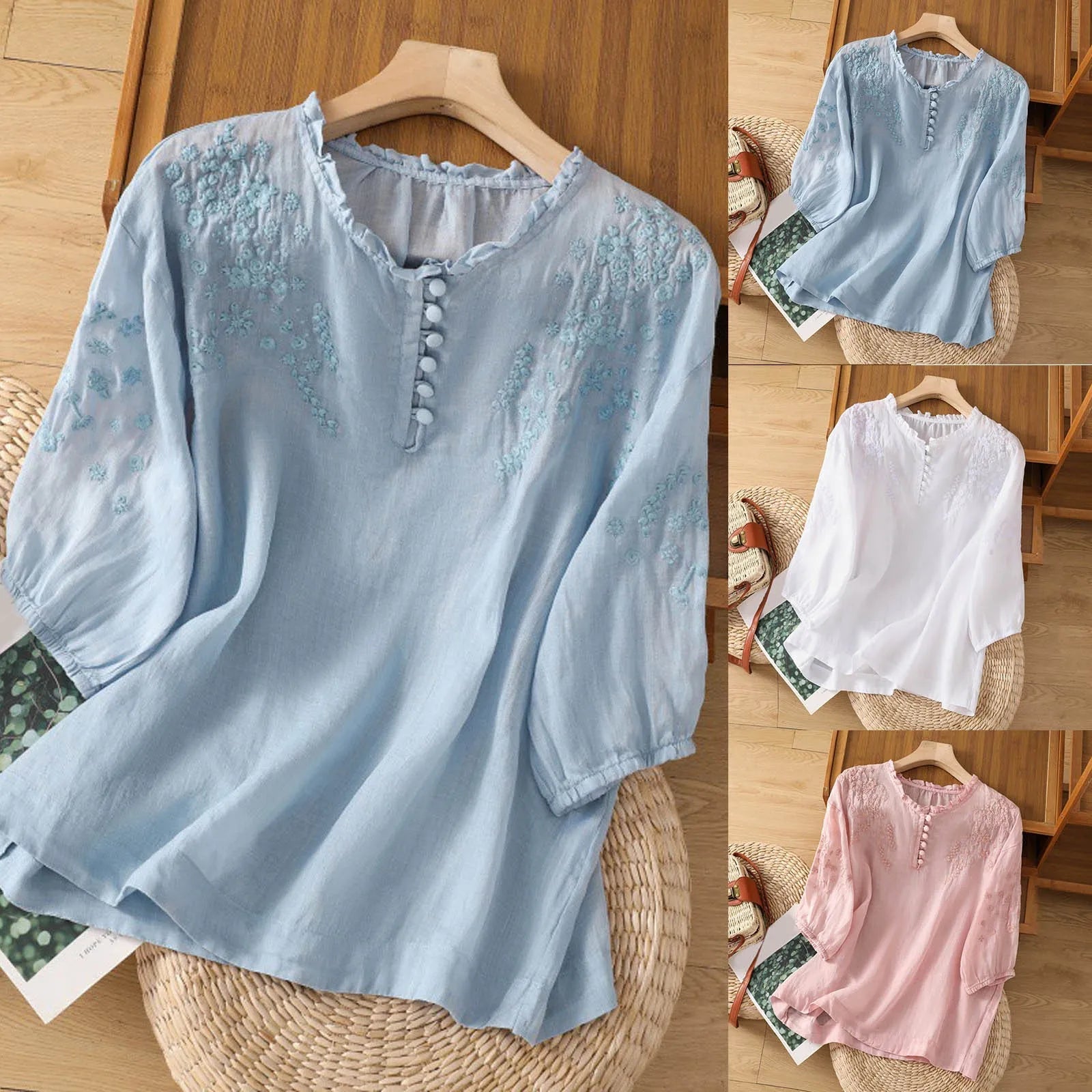Image of Women's Embroidered 3/4 Sleeve Blouse