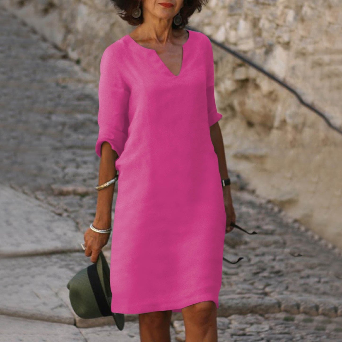 Image of Women's 3/4 Sleeve Shift Midi Dress