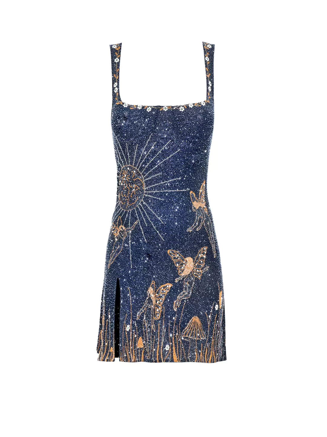 Bodycon Mini Dress for women - Square Neck Sleeveless - Thigh Slit Novelty Print Celestial Floral Trim - Image 1