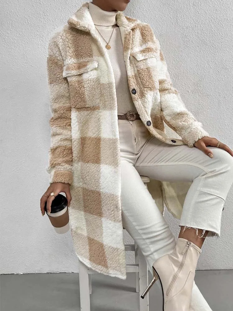 Plaid Long Coat for Women - Button Front - Image 4