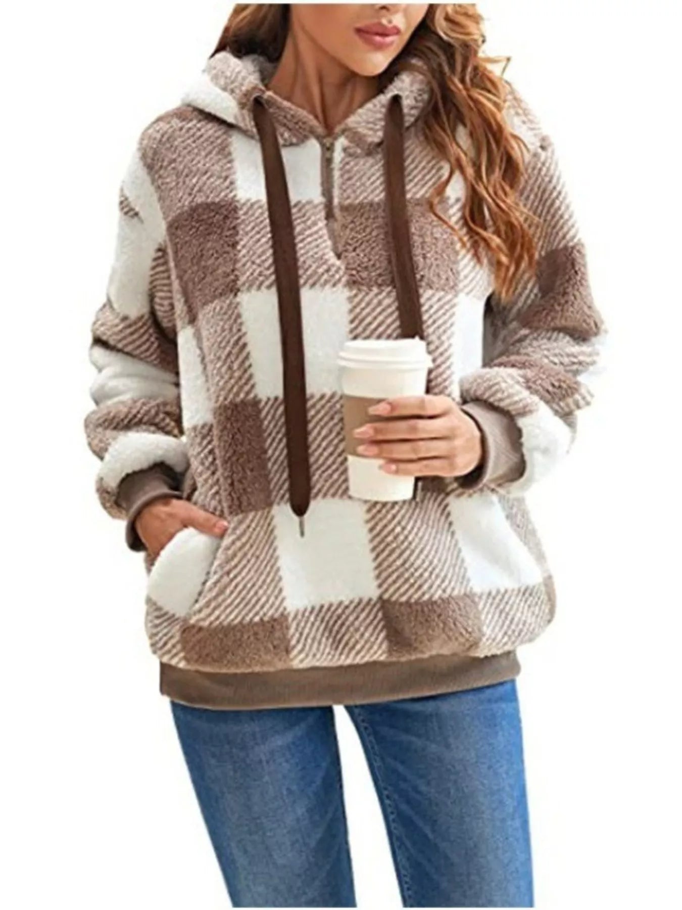 Plaid Hooded Pullover for Women - Half-Zip - Image 4