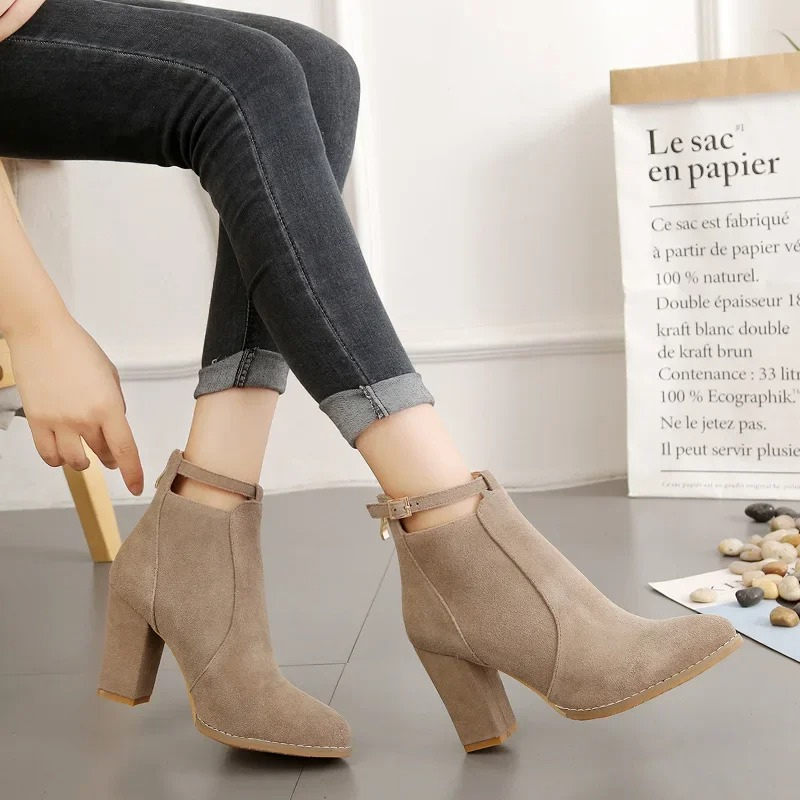 Pointed Toe Ankle Boots for Women - Buckle Strap - Image 5