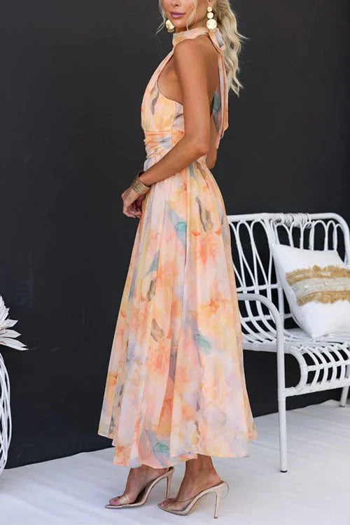 Floral Halter Maxi Dress for Women - Tie Back A-Line - Image 5