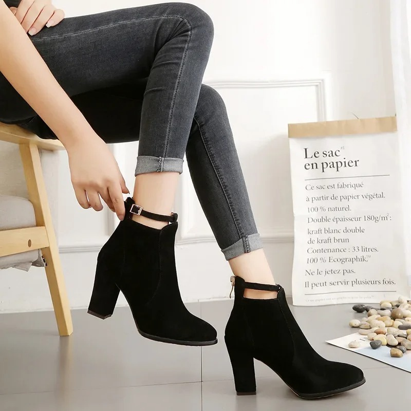 Pointed Toe Ankle Boots for Women - Buckle Strap - Image 6