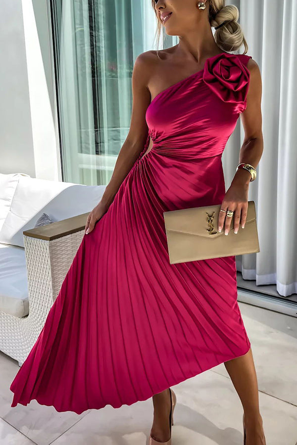 One Shoulder Pleated Midi Dress for Women - Rose Detail A-Line - Image 1