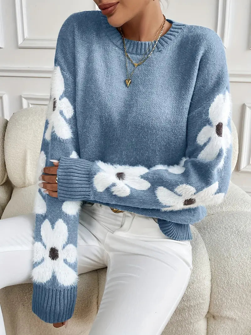 Floral Sleeve Sweater for Women - Crew Neck - Image 2