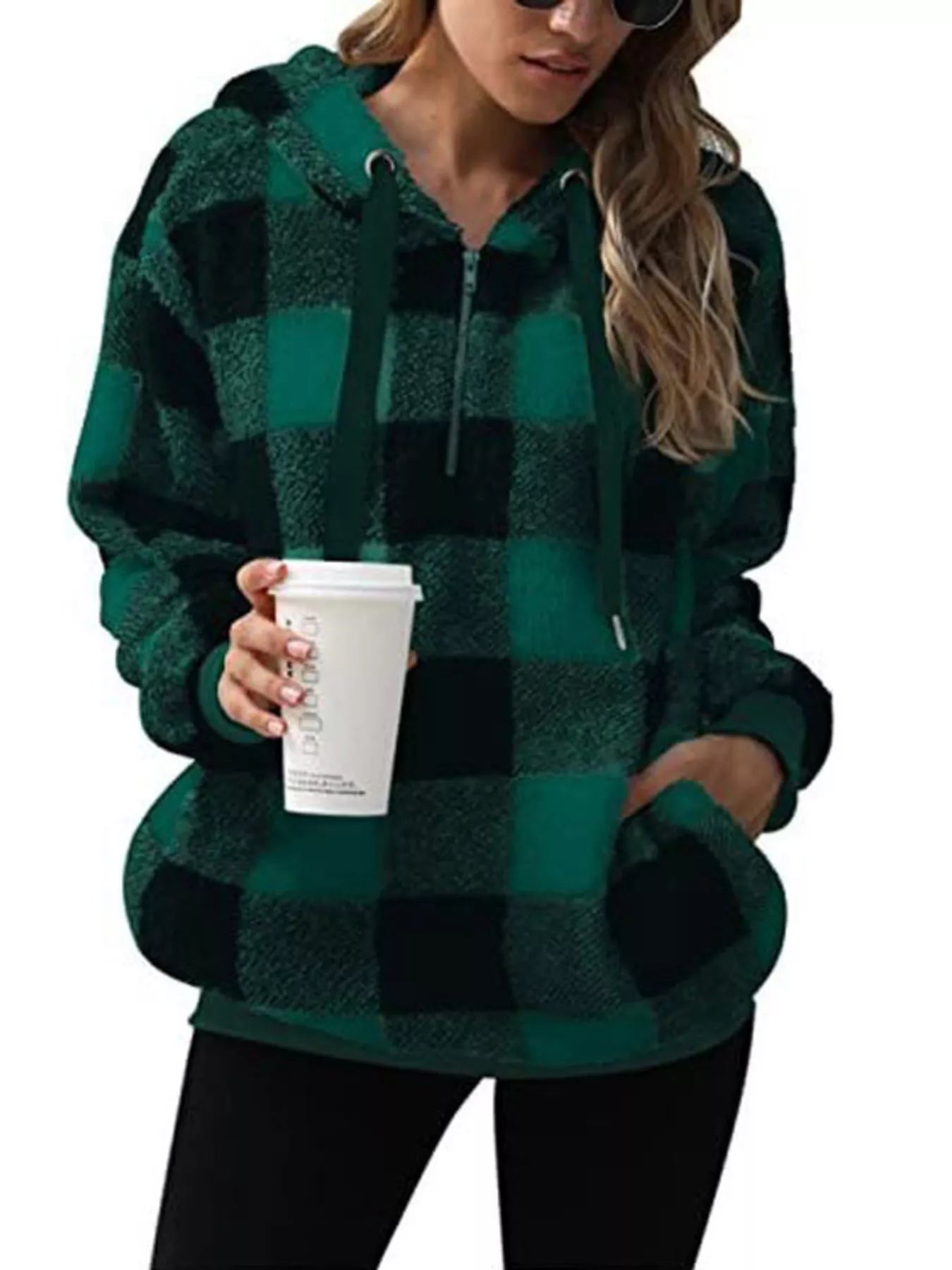 Plaid Hooded Pullover for Women - Half-Zip - Image 10
