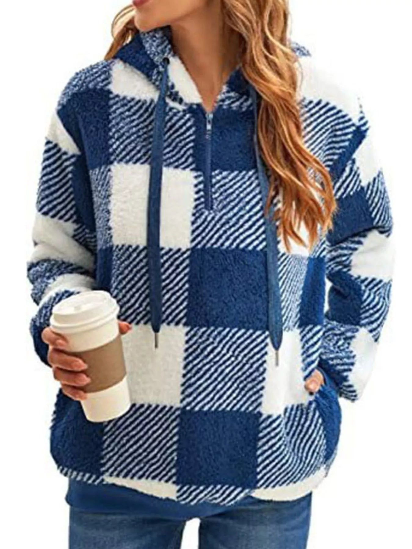 Plaid Hooded Pullover for Women - Half-Zip - Image 1