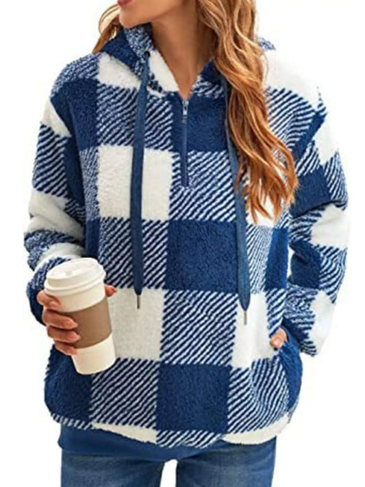 Plaid Hooded Pullover for Women - Half-Zip - Image 1