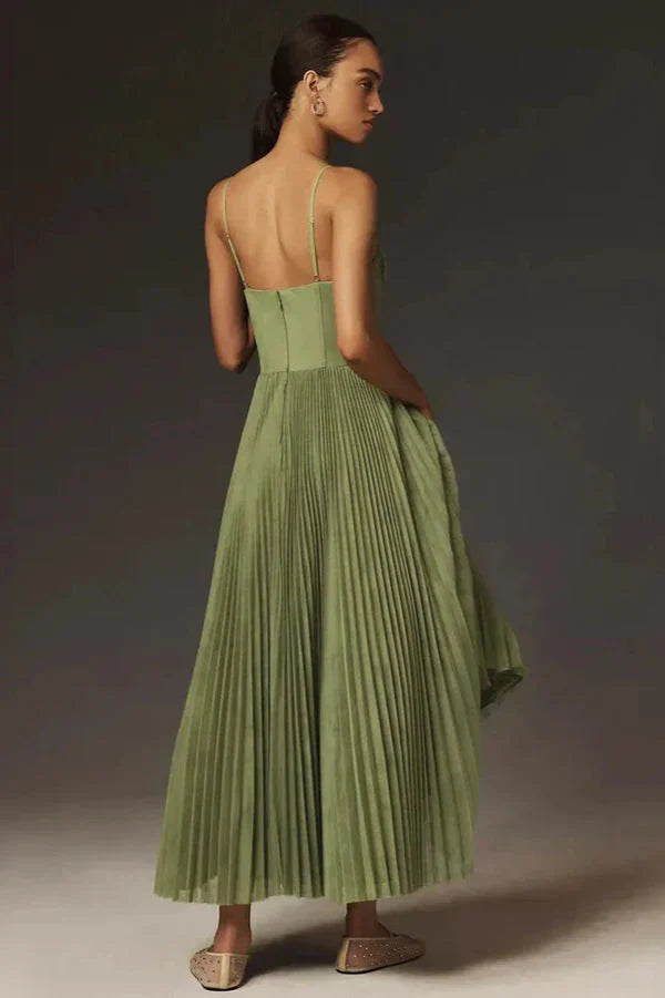 Pleated A-Line Midi Dress for Women - Bustier Top Spaghetti Strap - Image 3