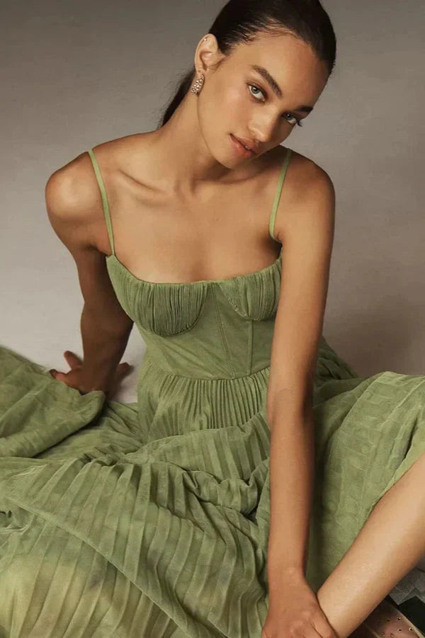 Pleated A-Line Midi Dress for Women - Bustier Top Spaghetti Strap - Image 4