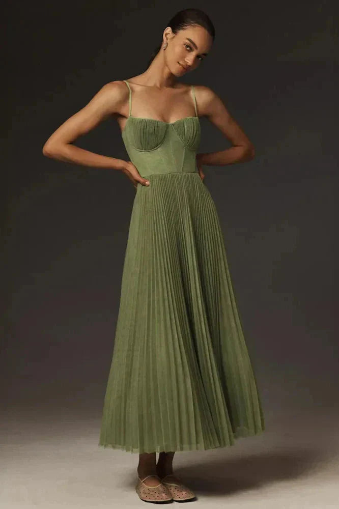 Pleated A-Line Midi Dress for Women - Bustier Top Spaghetti Strap - Image 1