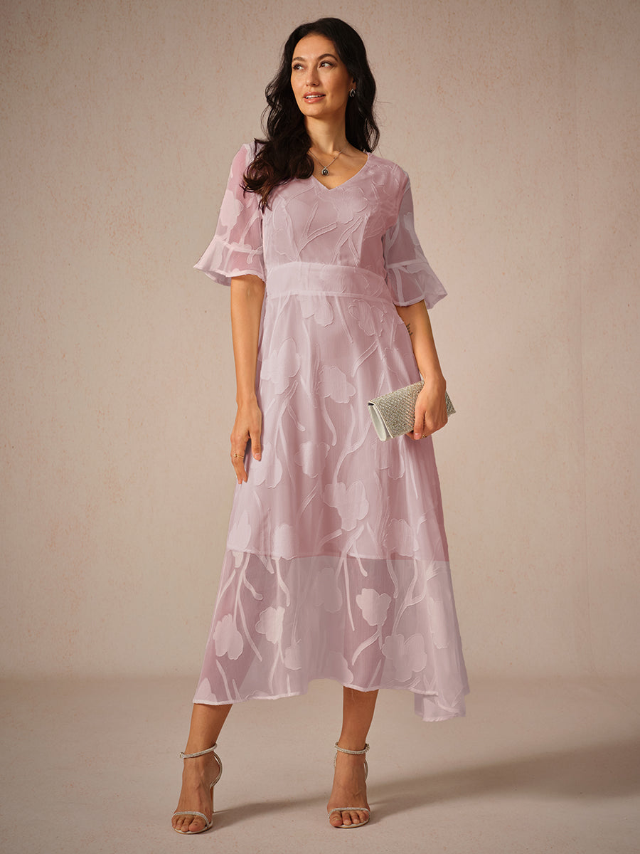 Floral A-Line Midi Dress for women - V-Neck Ruffle Sleeve - Smocked Waist - Sheer - Image 3