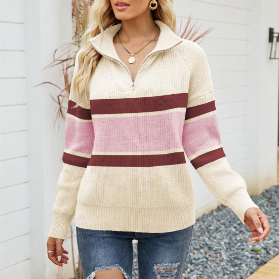 Striped Half-Zip Sweater for Women - Color Block - Image 1