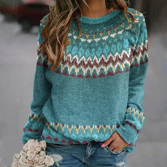 Crew Neck Fair Isle Sweater for Women - Long Sleeve - Image 1