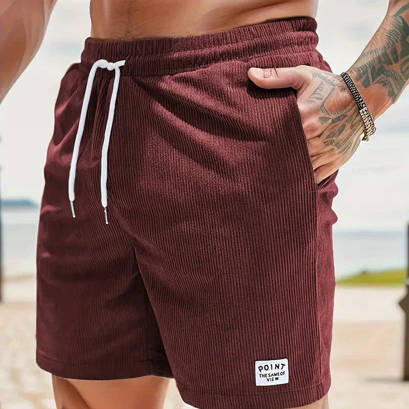 Corduroy Casual Shorts for Men - Drawstring Relaxed Fit - Patch Detail Knee Length - Image 17