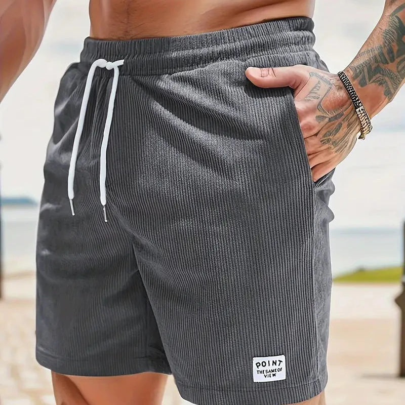 Corduroy Casual Shorts for Men - Drawstring Relaxed Fit - Patch Detail Knee Length - Image 20