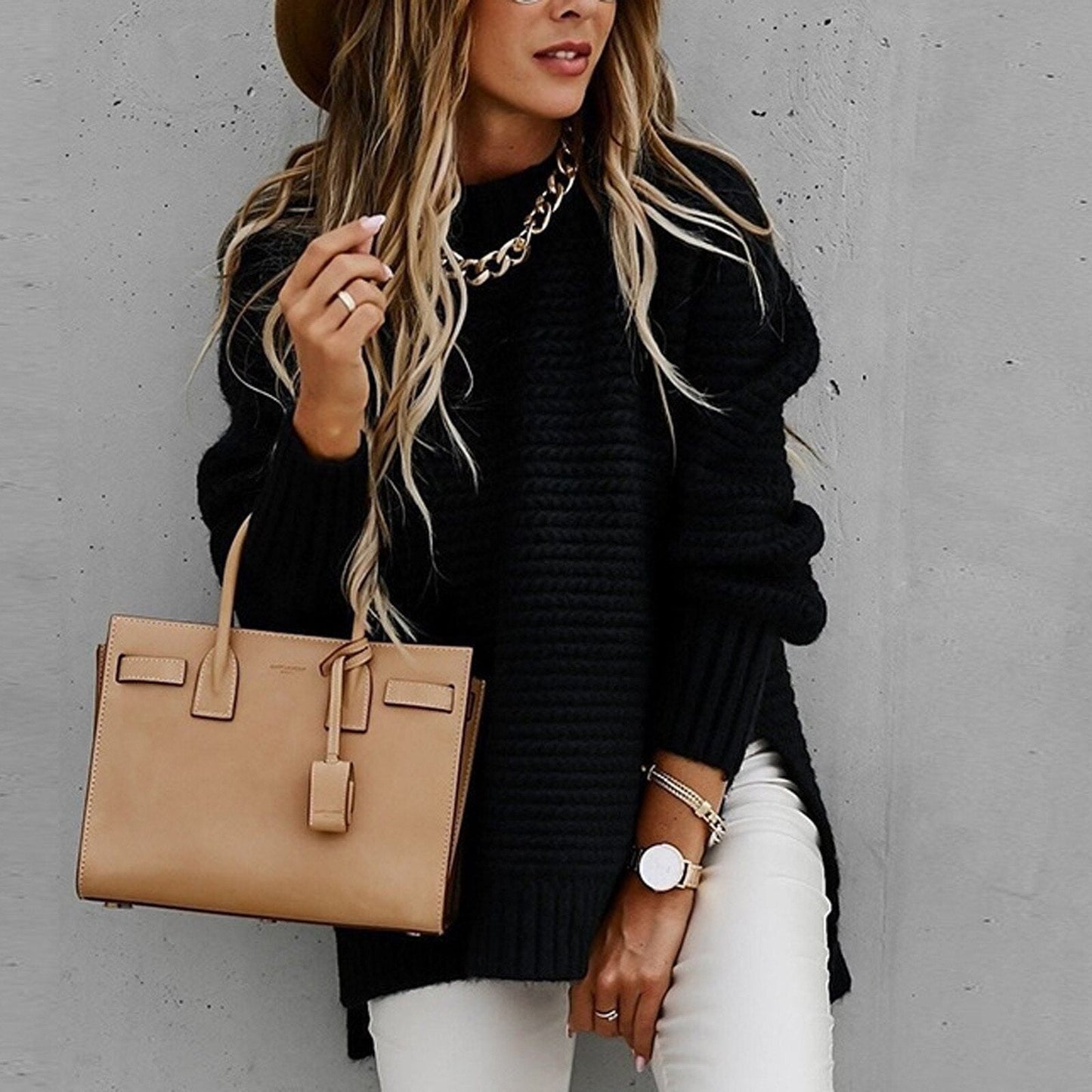 Oversized Pullover Sweater for Women - Split Hem - Image 4