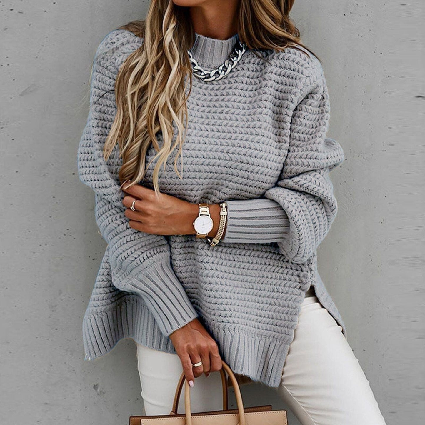 Oversized Pullover Sweater for Women - Split Hem - Image 11