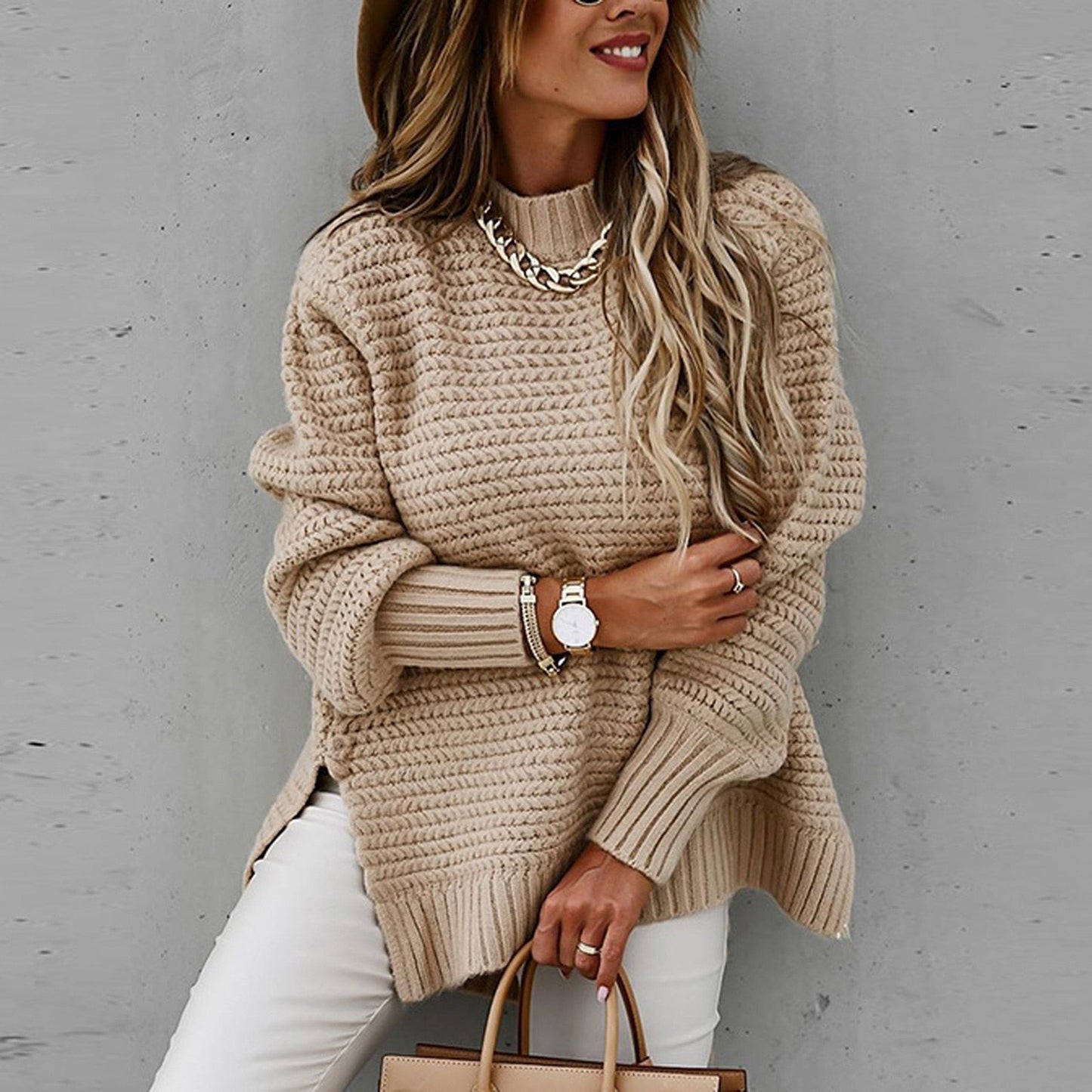 Oversized Pullover Sweater for Women - Split Hem - Image 2