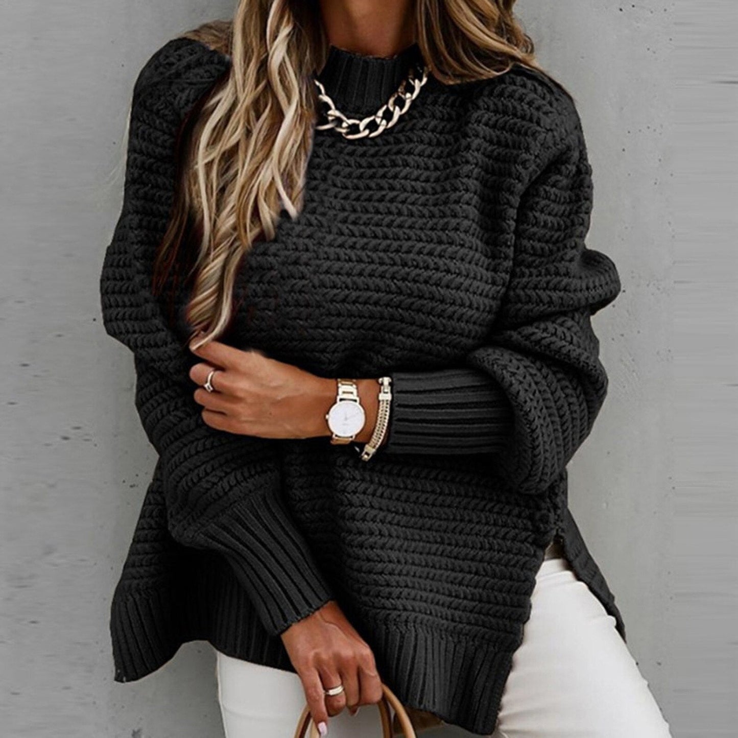 Oversized Pullover Sweater for Women - Split Hem - Image 5