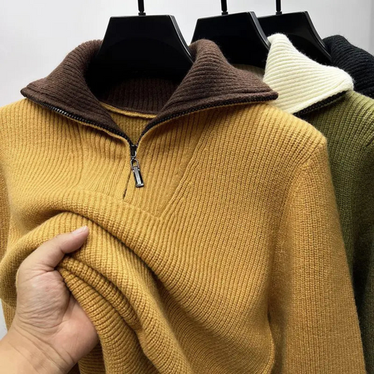 Ribbed Knit Quarter-Zip Sweater for Men - Color Block - Image 1